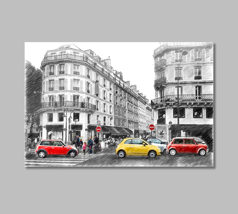 Paris street with selective red/yellow cars on black & white base