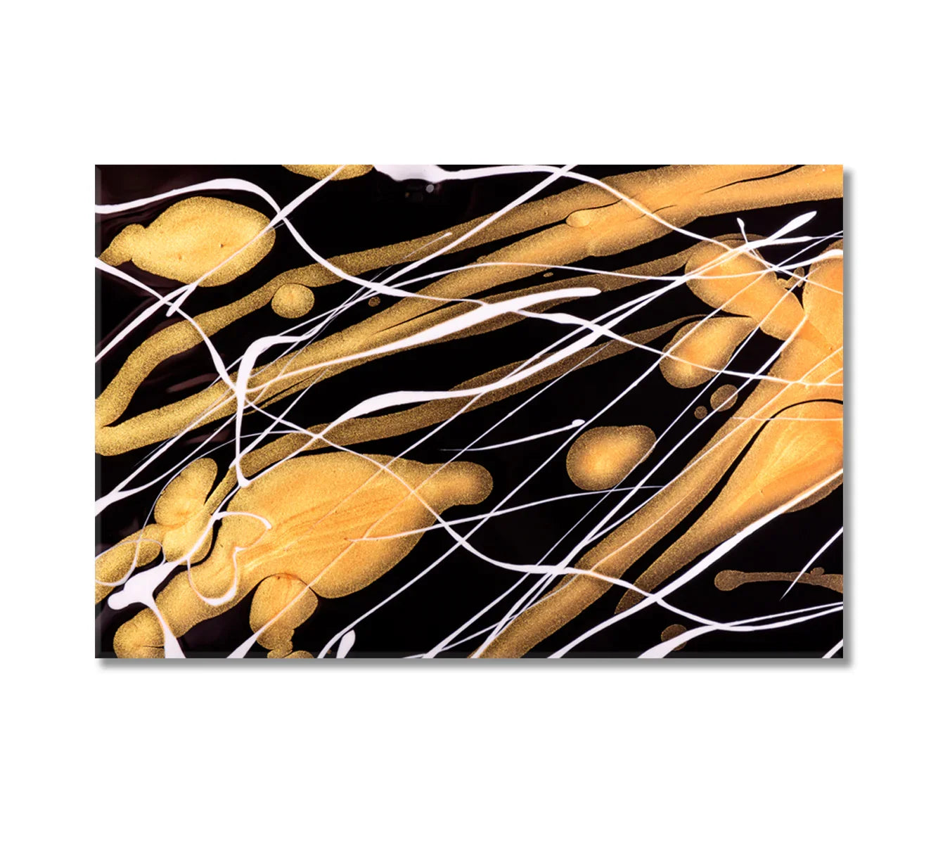 Black canvas with metallic gold and white ribbons—dynamic fluid lines
