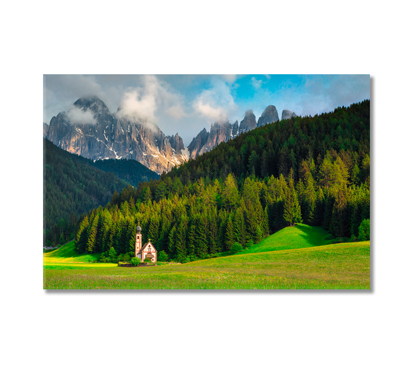 Alpine St Johann Church in Val di Funes Valley Italy Canvas Print-Canvas Print-CetArt-1 Panel-24x16 inches-CetArt