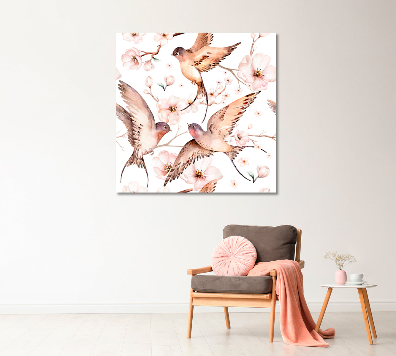 Watercolor Spring Flying Swallows Canvas Print-Canvas Print-CetArt-1 panel-12x12 inches-CetArt