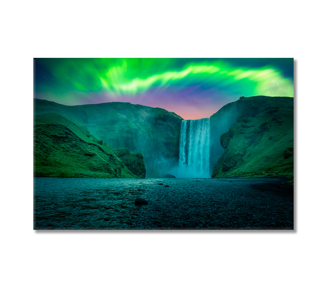 Skogafoss Waterfall with Green Aurora Light Skoga River Iceland Canvas Print-Canvas Print-CetArt-1 Panel-24x16 inches-CetArt