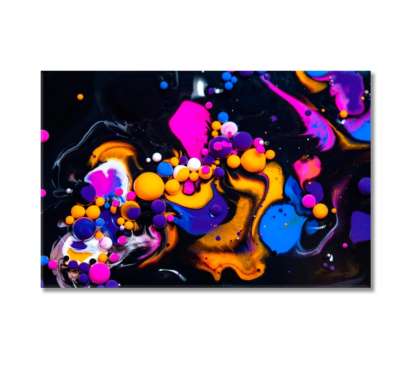 Abstract Liquid Bubbles canvas print—neon magenta, blue, and tangerine bubbles over a deep black field