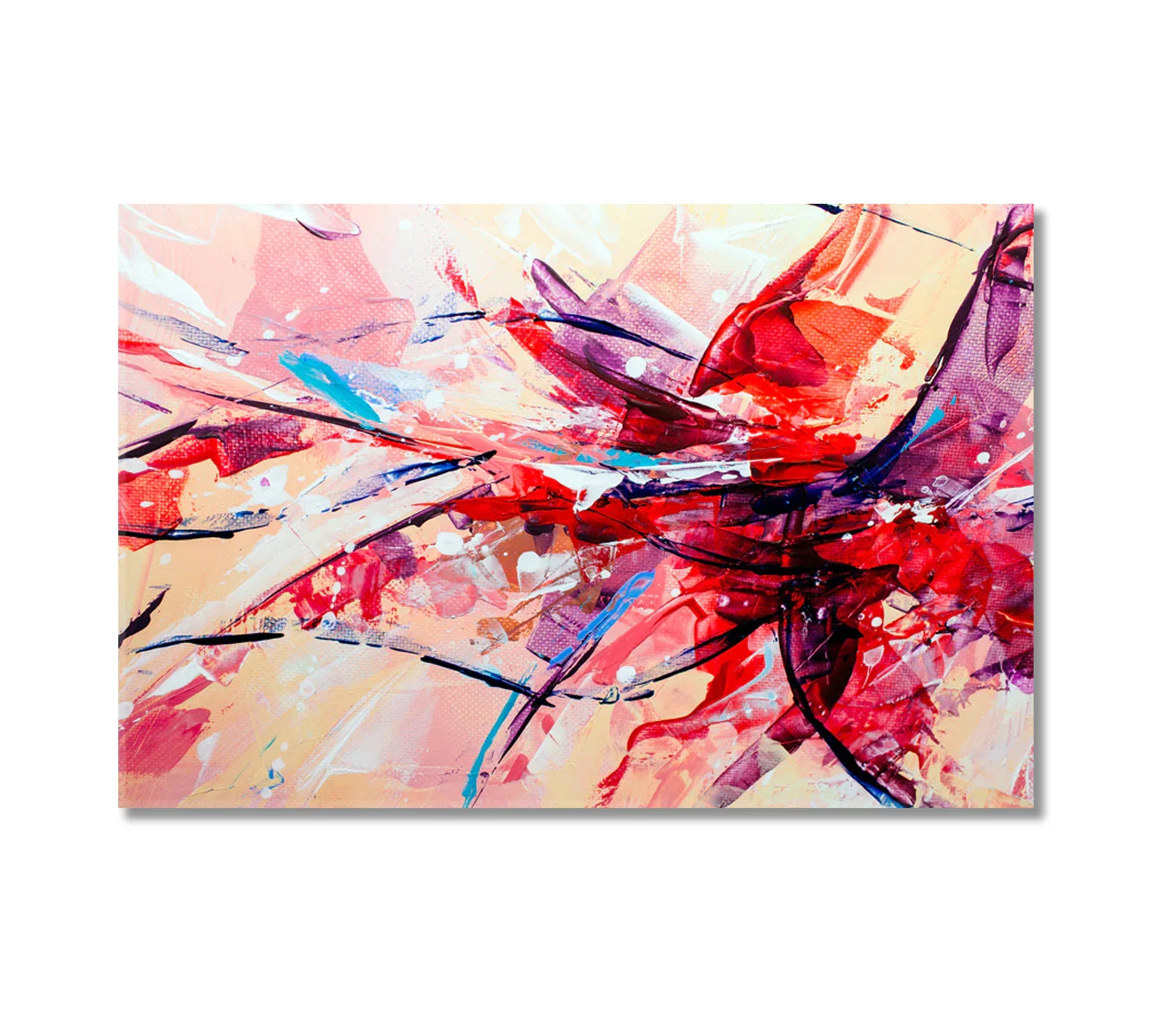Abstract Multicolor Brush Strokes canvas print — vivid red, pink, and turquoise strokes over warm peach background, ready-to-hang wall art