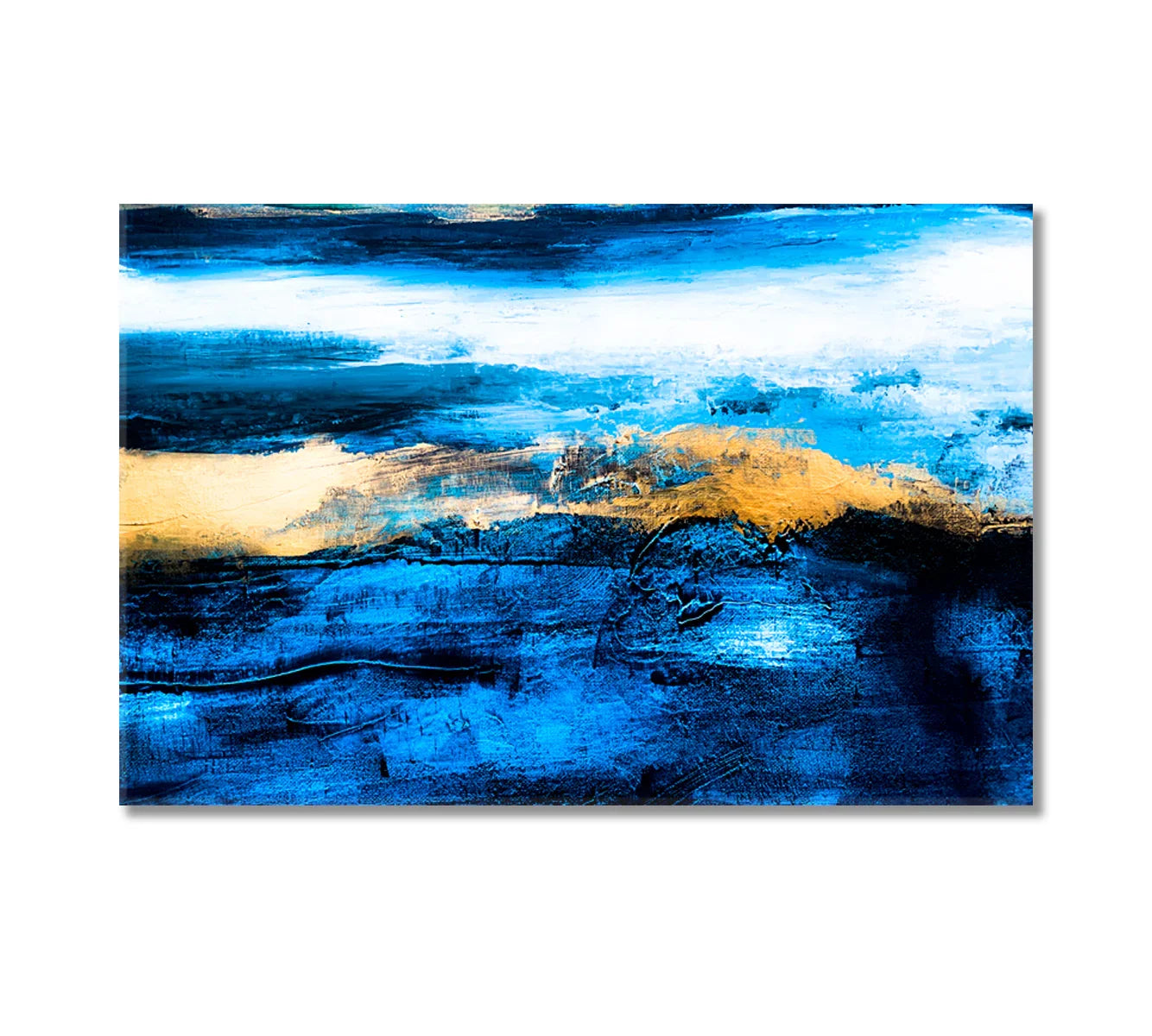 Abstract sea landscape—deep cobalt, white surf, and a thin band of gold