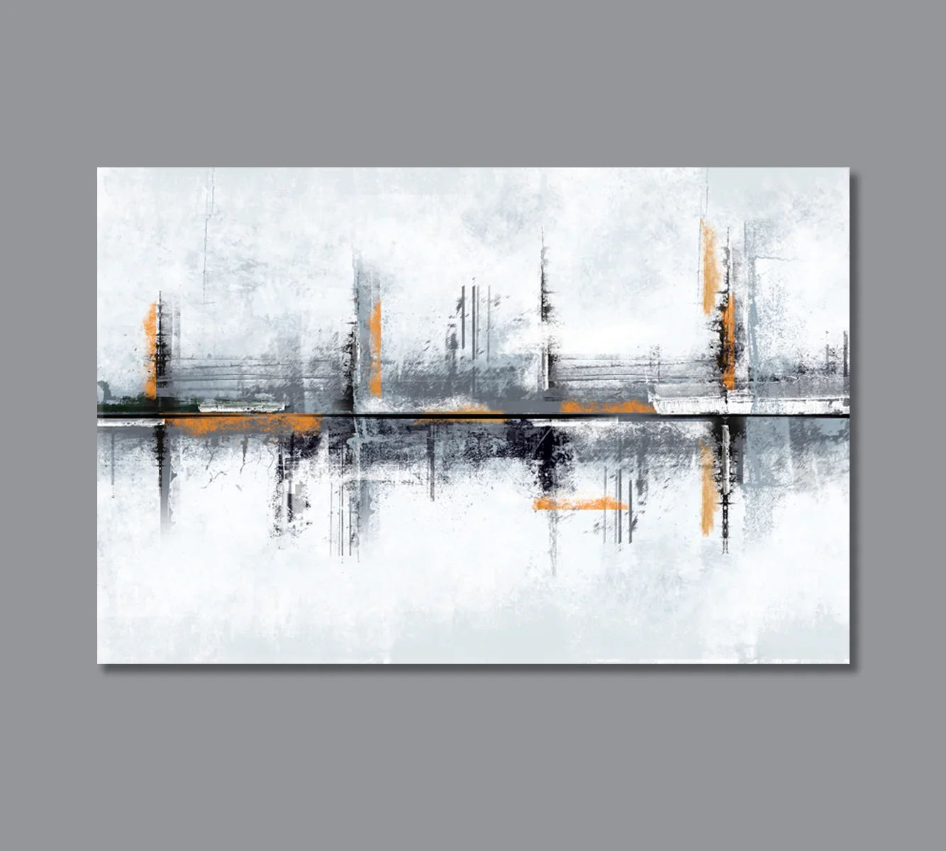 Abstract modern wall art with cool gray tones and warm amber accents—clean, contemporary living room hero image from CetArt.