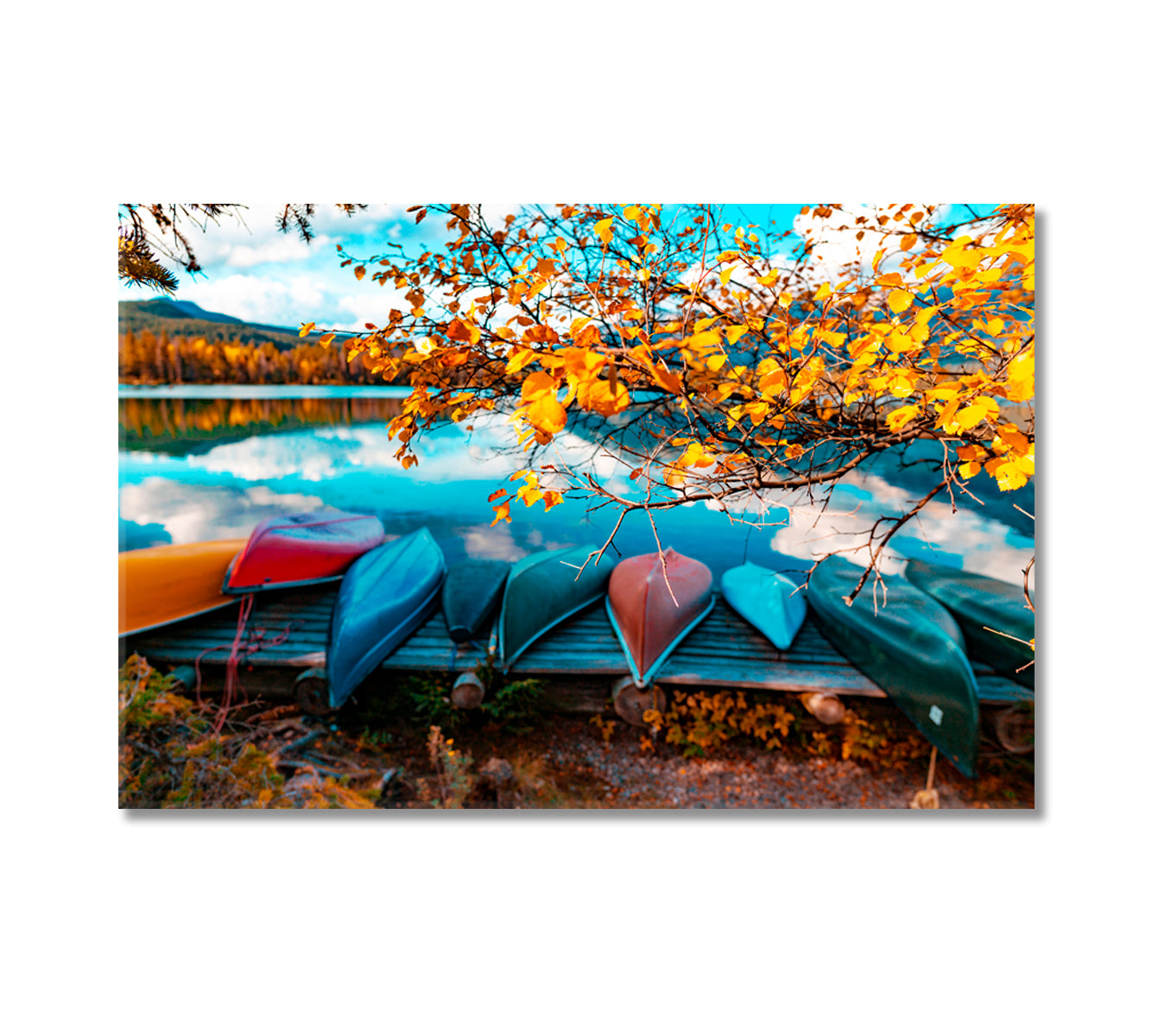 Canoes On Lake at Autumn Forest Canvas Print-Canvas Print-CetArt-1 Panel-24x16 inches-CetArt