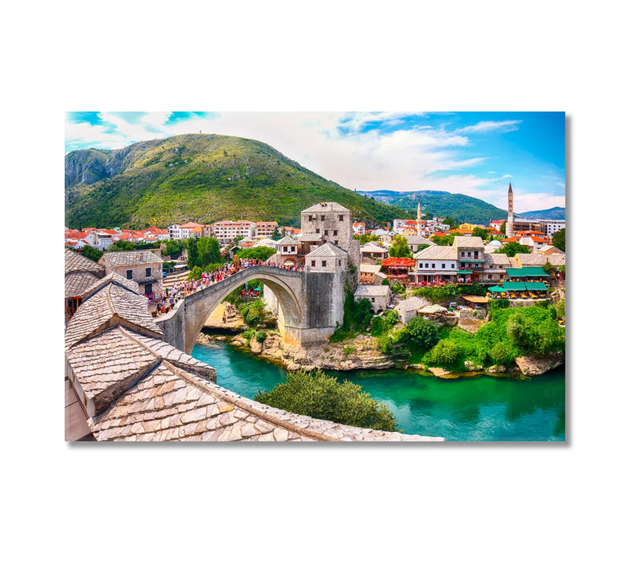 Mostar Bridge Canvas Print—stone arch over emerald river