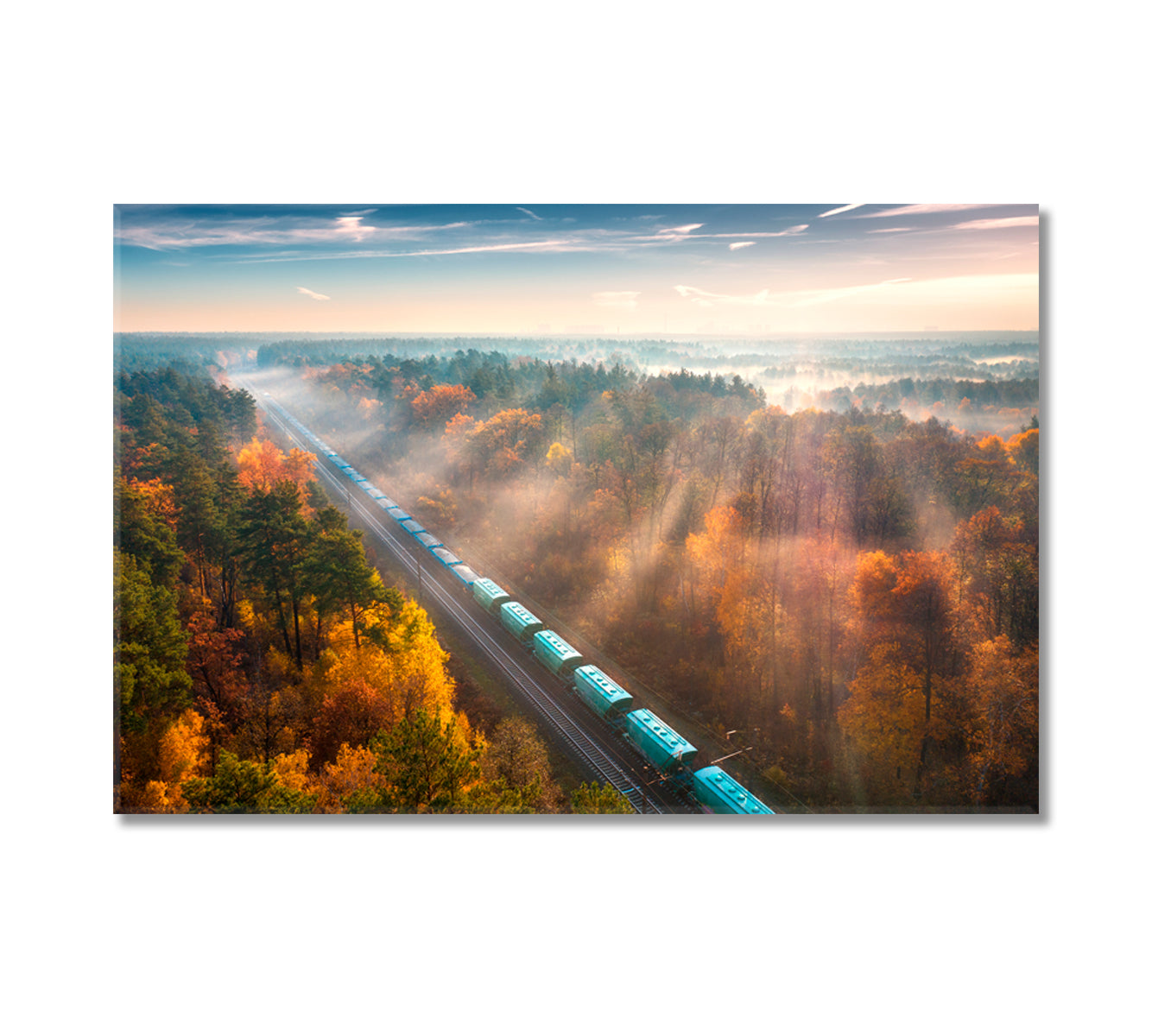 Freight Train in Beautiful Autumn Foggy Forest Canvas Print-Canvas Print-CetArt-1 Panel-24x16 inches-CetArt