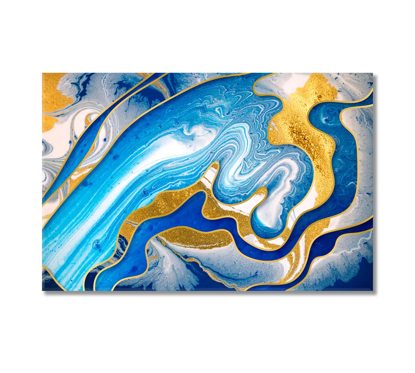 Abstract Modern Blue and Yellow Waves Swirls canvas print — close-up of oceanic flow and gold accents