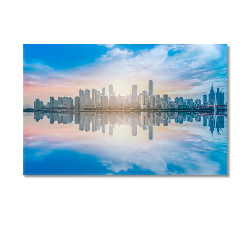 Urban skyline canvas print, reflective water and sunrise