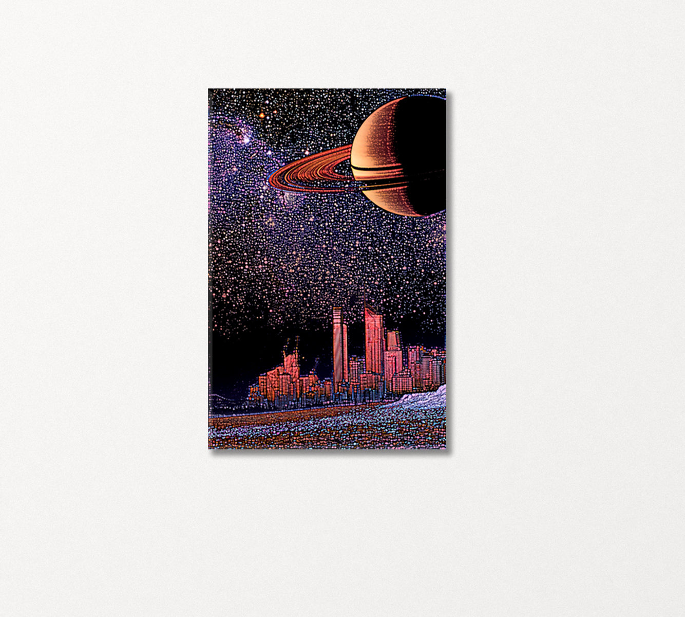 Fantastic Landscape with City Skyline and Planet Saturn Canvas Print-Canvas Print-CetArt-1 panel-16x24 inches-CetArt