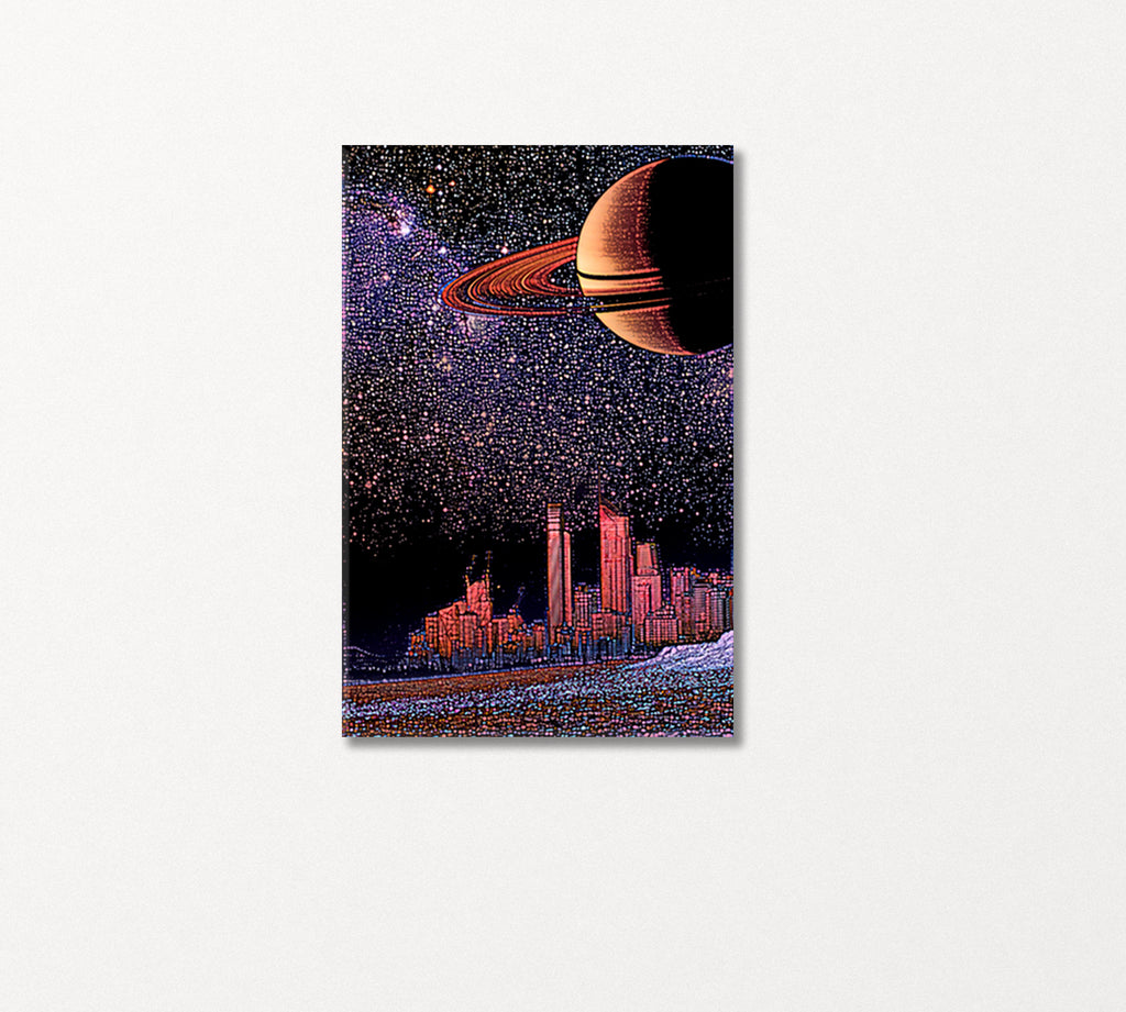 Fantastic Landscape with City Skyline and Planet Saturn Canvas