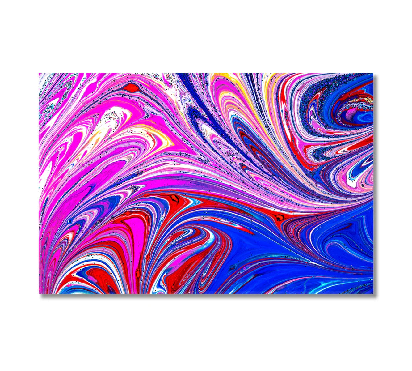 Abstract Multicolor Psychedelic Pattern Canvas Print — close-up of vivid magenta, cobalt, and scarlet paint swirls on premium cotton canvas.