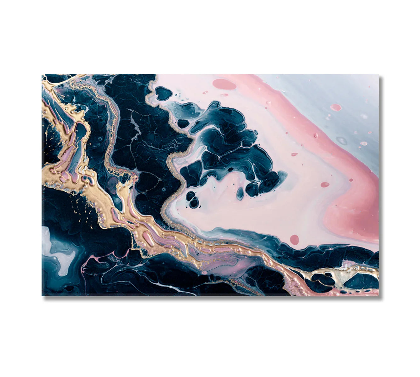 Blue and pink marble wave canvas—close view of veining with warm metallic accents