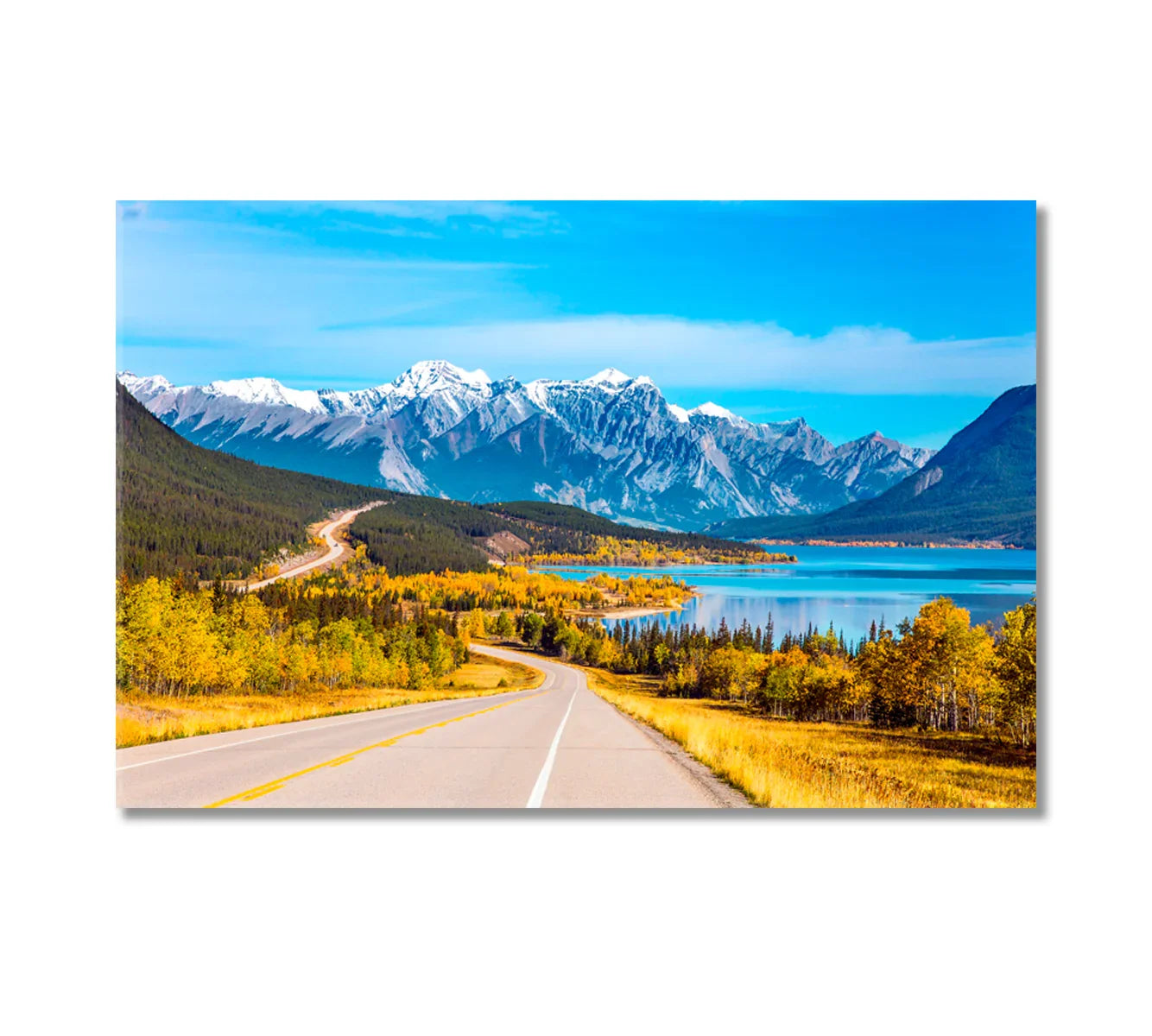 Abraham Lake Landscape canvas print — glacial turquoise water and Rockies ridgeline under sunrise sky