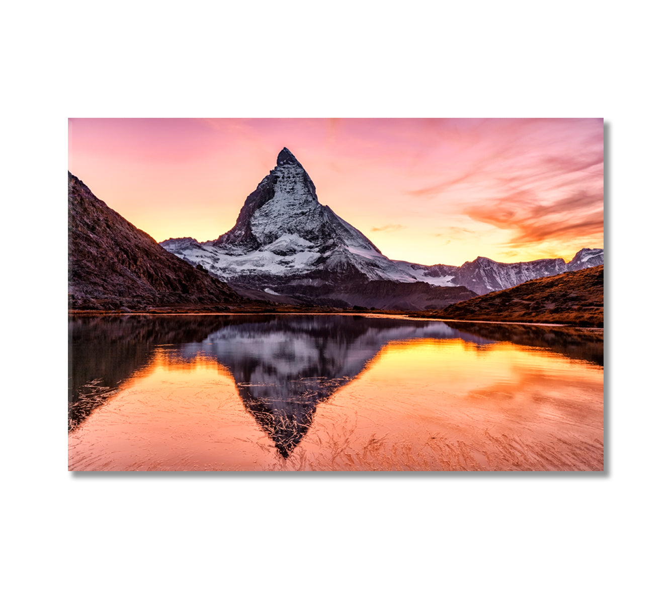 Matterhorn Mountain Peak Reflected in Riffelsee Lake Switzerland Canvas Print-Canvas Print-CetArt-1 Panel-24x16 inches-CetArt