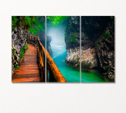 Narrow Foggy Vintgar Gorge with Wooden Footbridge Slovenia Canvas Print-Canvas Print-CetArt-3 Panels-36x24 inches-CetArt