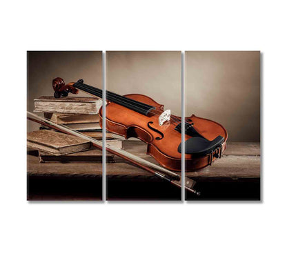 Still Life Old Violin with Bow and Books Canvas Print-Canvas Print-CetArt-3 Panels-36x24 inches-CetArt