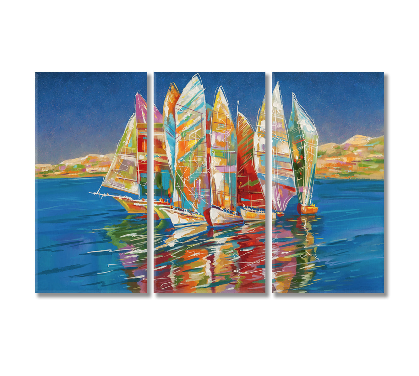 Colorful Sailing Boats in Sea Canvas Print-Canvas Print-CetArt-3 Panels-36x24 inches-CetArt