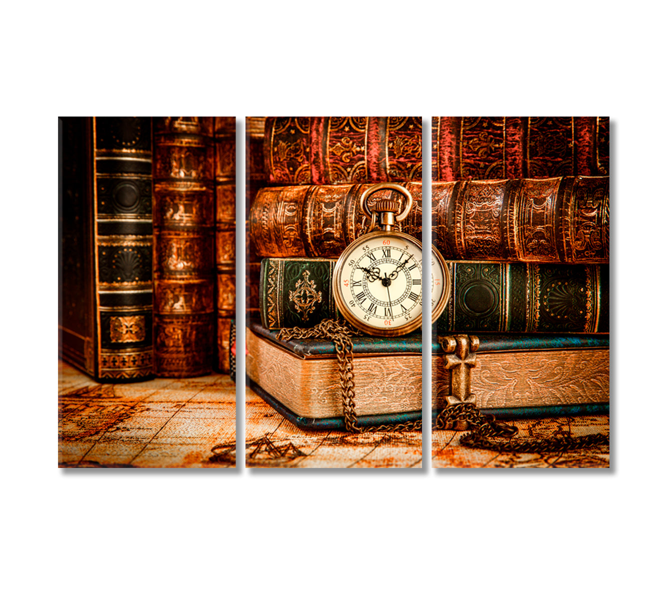 Vintage Antique Pocket Watch with Old Books Canvas Print-Canvas Print-CetArt-3 Panels-36x24 inches-CetArt