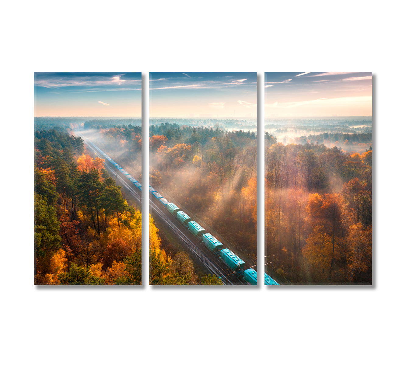 Freight Train in Beautiful Autumn Foggy Forest Canvas Print-Canvas Print-CetArt-3 Panels-36x24 inches-CetArt