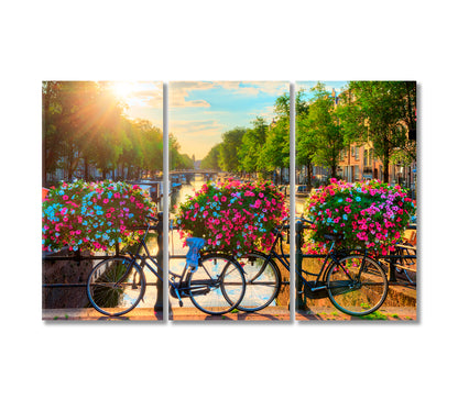 Bikes on Bridge of Amsterdam UNESCO World Heritage Canals Canvas Print-Canvas Print-CetArt-3 Panels-36x24 inches-CetArt