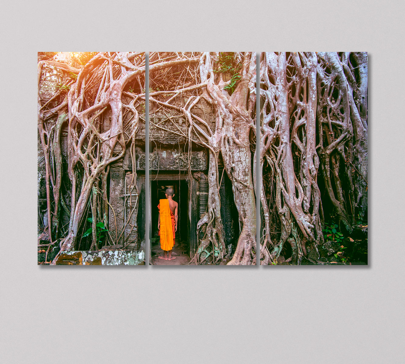 Monk Enters Ta Prohm Temple Cambodia Canvas Print-Canvas Print-CetArt-3 Panels-36x24 inches-CetArt
