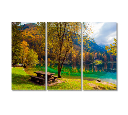 Beautiful Yellow Trees Reflected in Lake Fuzine Alps Northern Italy Canvas Print-Canvas Print-CetArt-3 Panels-36x24 inches-CetArt