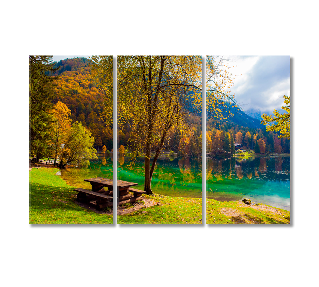 Beautiful Yellow Trees Reflected in Lake Fuzine Alps Northern Italy Canvas Print-Canvas Print-CetArt-3 Panels-36x24 inches-CetArt