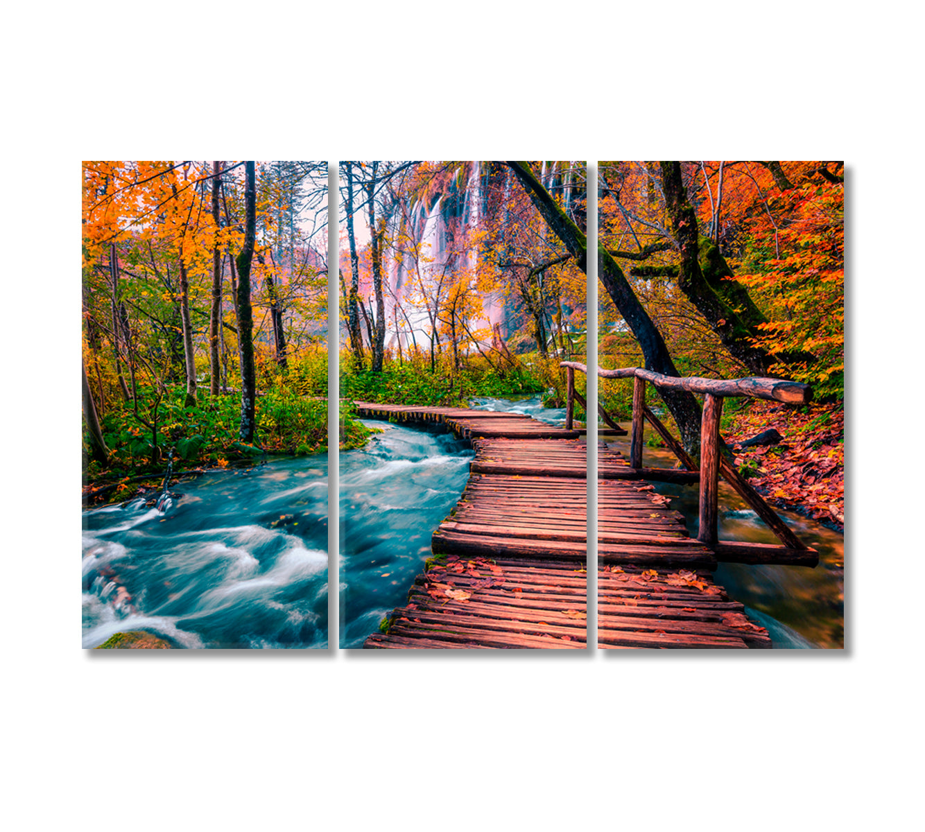 Wooden Bridge and Waterfalls in Plitvice National Park Croatia Canvas Print-Canvas Print-CetArt-3 Panels-36x24 inches-CetArt