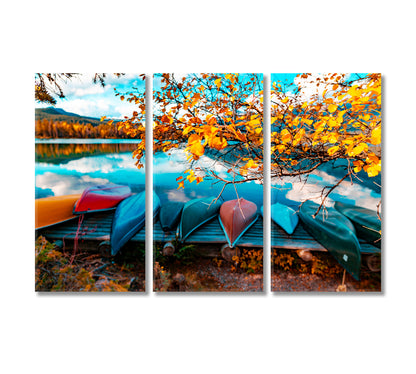 Canoes On Lake at Autumn Forest Canvas Print-Canvas Print-CetArt-3 Panels-36x24 inches-CetArt