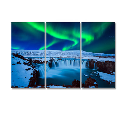 Aurora Borealis at Godafoss Waterfall Iceland Northern Light Canvas Print-Canvas Print-CetArt-3 Panels-36x24 inches-CetArt