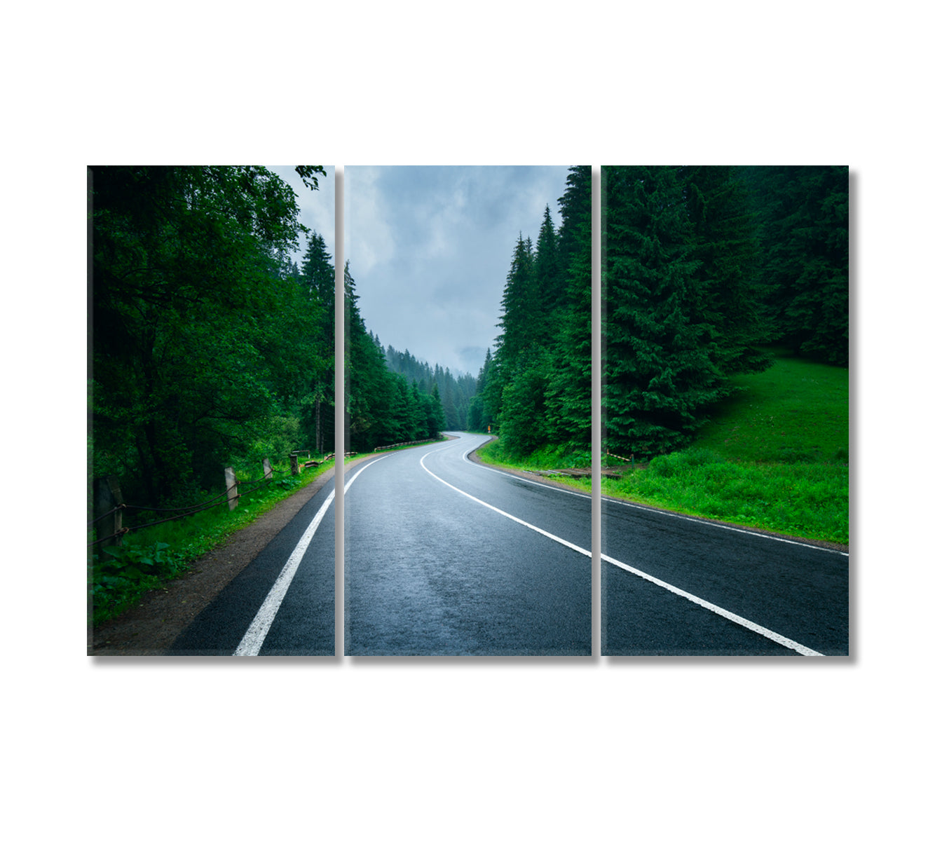 Road in Foggy Forest in Rainy Day Canvas Print-Canvas Print-CetArt-3 Panels-36x24 inches-CetArt