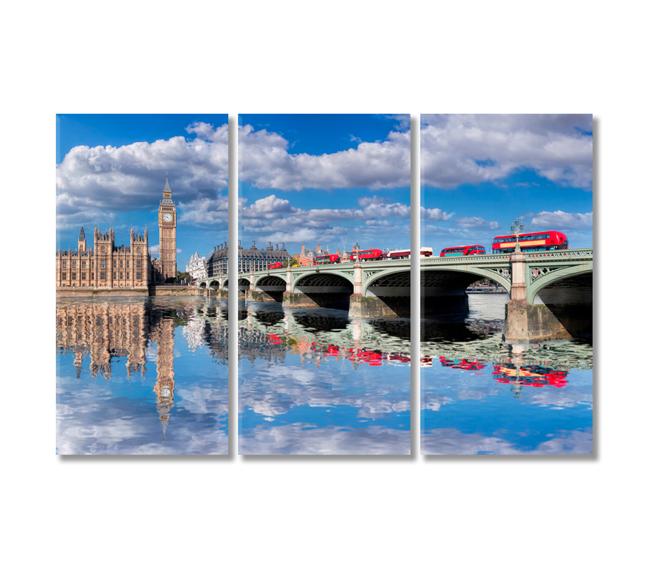 Big Ben and Westminster Bridge with Red Buses London Canvas Print-Canvas Print-CetArt-3 Panels-36x24 inches-CetArt