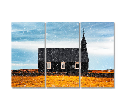 Black Church of Budir Iceland Winter Landscape Canvas Print-Canvas Print-CetArt-3 Panels-36x24 inches-CetArt