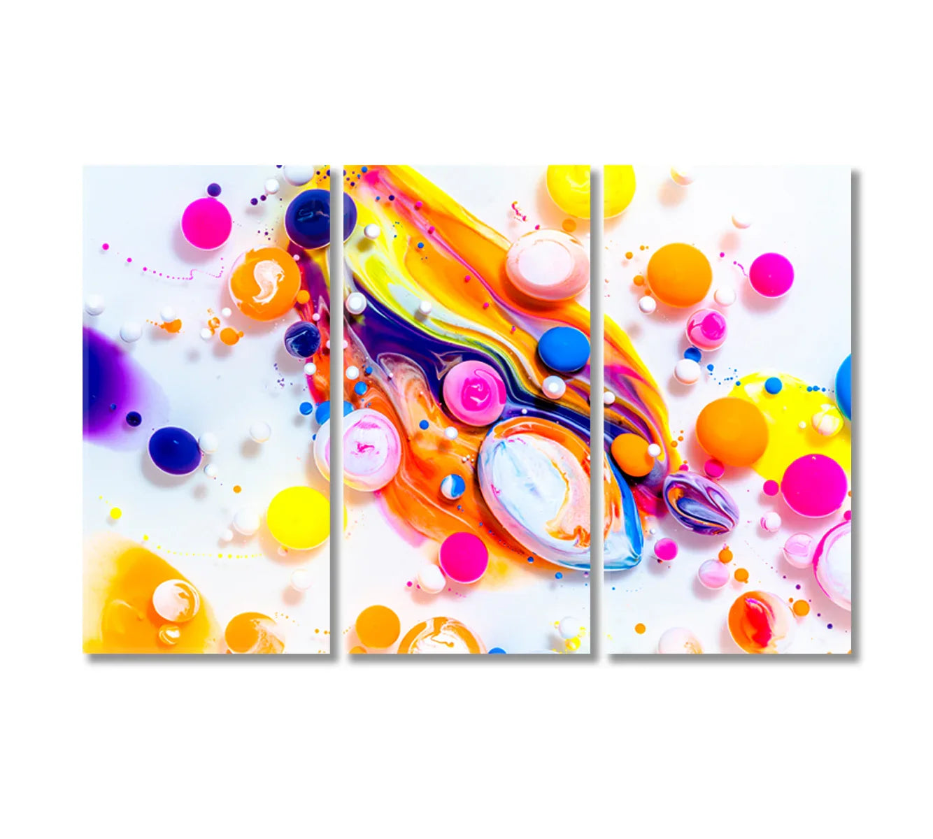 Vibrant abstract in a three-panel arrangement—pink, orange, blue droplets