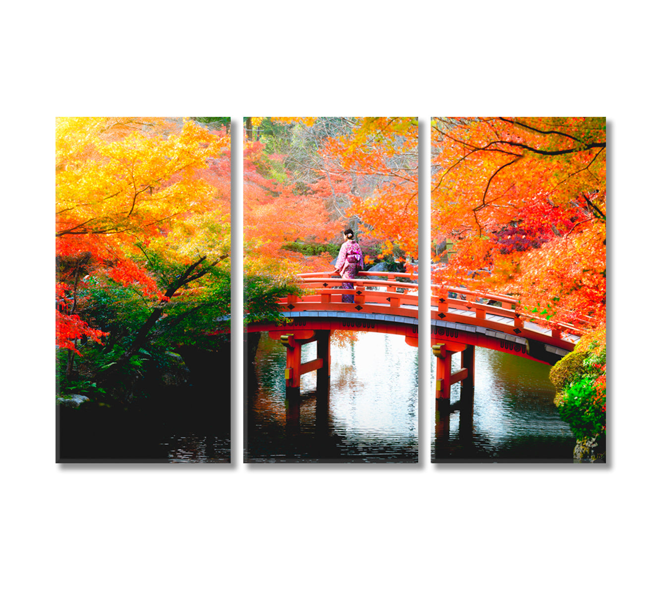 Wooden Bridge in Autumn Park Japan Canvas Print-Canvas Print-CetArt-3 Panels-36x24 inches-CetArt