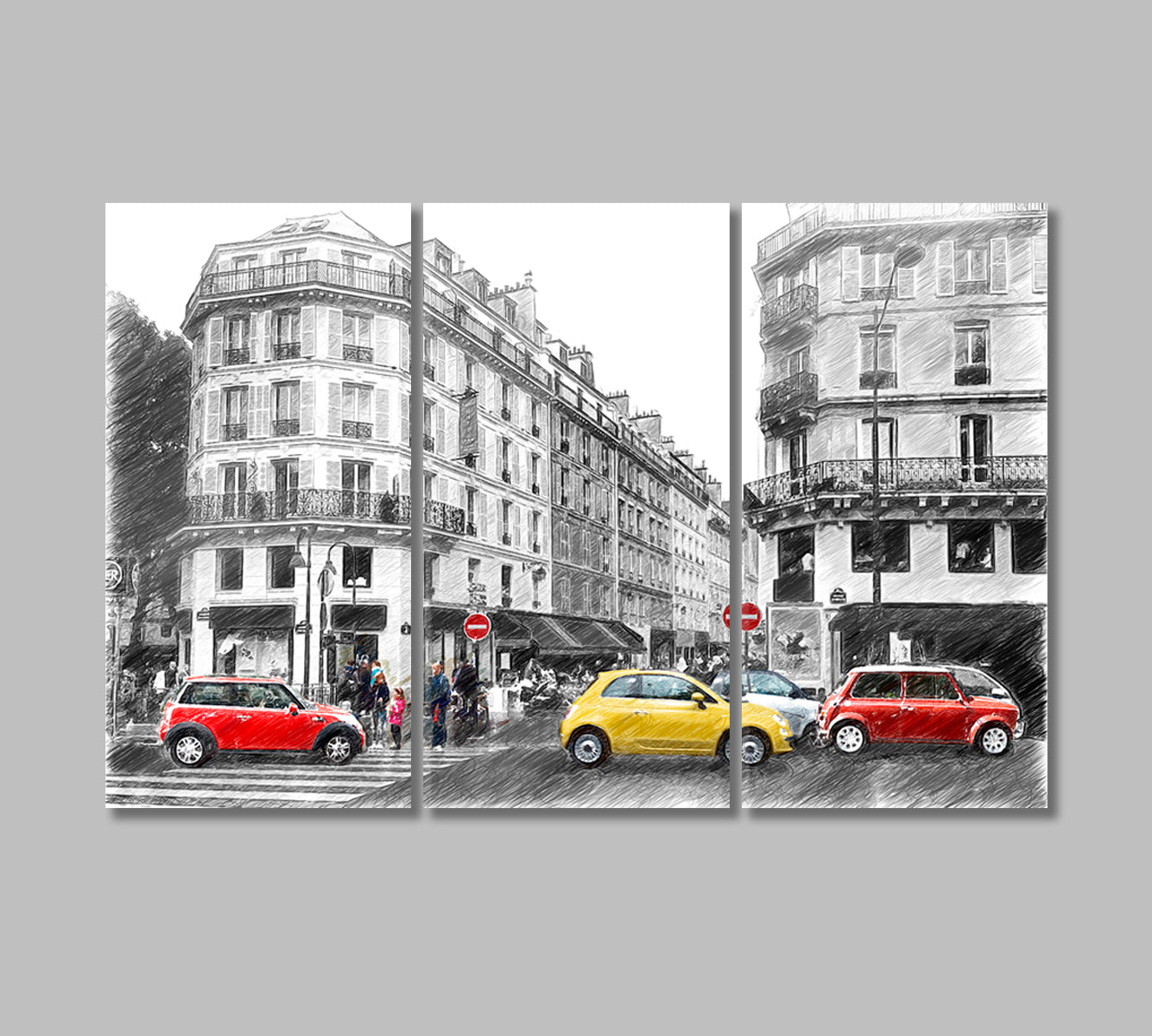 Paris Street in Black And White With Red Cars Canvas Print-Canvas Print-CetArt-3 Panels-36x24 inches-CetArt