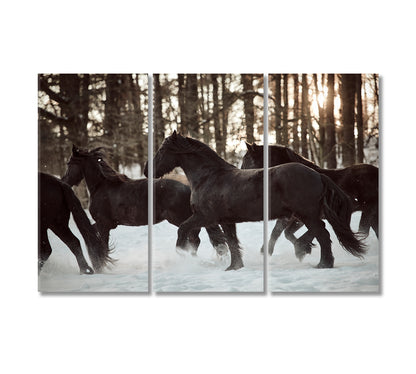 Friesian Horses Running in Winter Forest Canvas Print-Canvas Print-CetArt-3 Panels-36x24 inches-CetArt