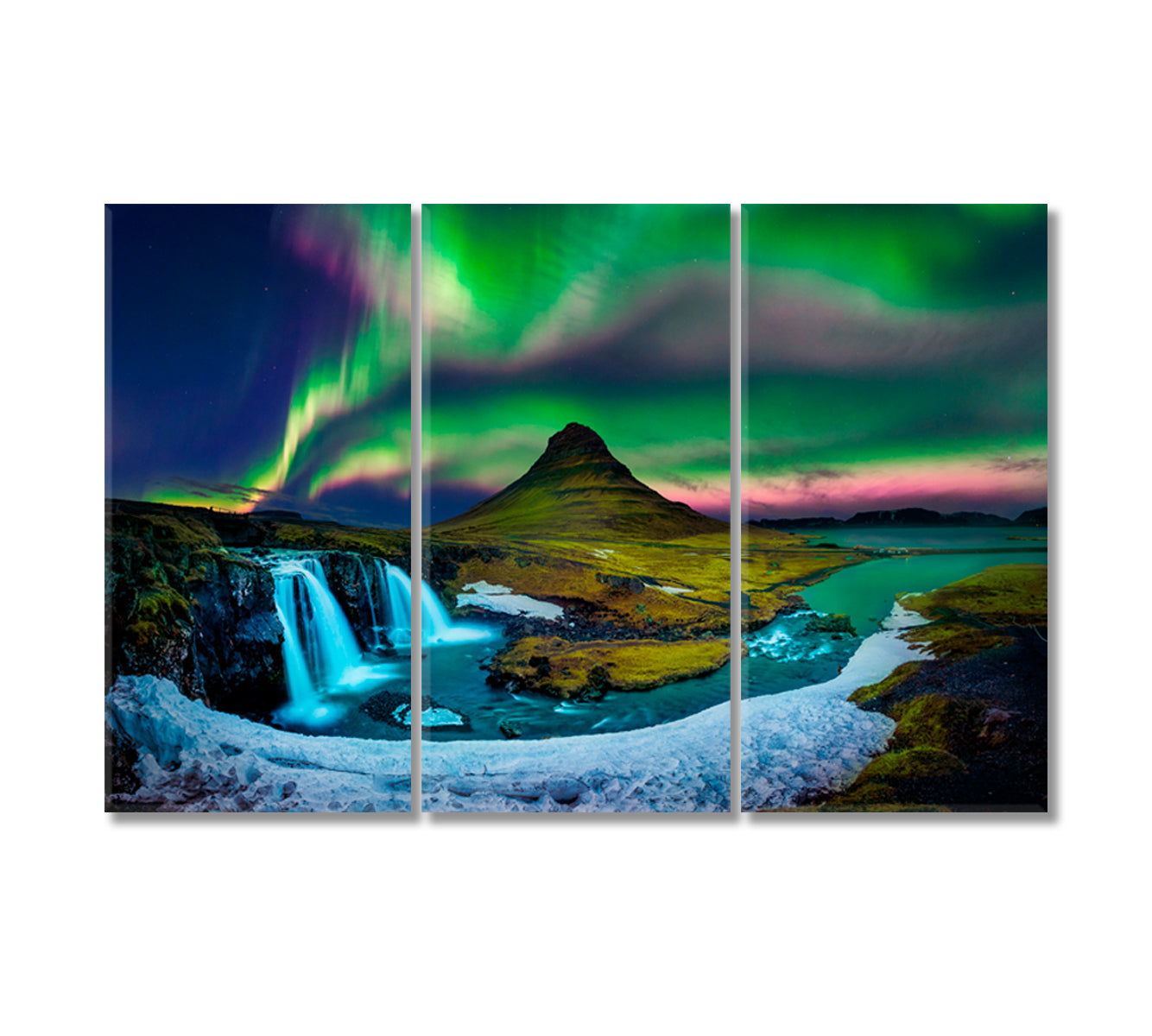 Kirkjufell Mountain with Northern Lights Iceland Canvas Print-Canvas Print-CetArt-3 Panels-36x24 inches-CetArt