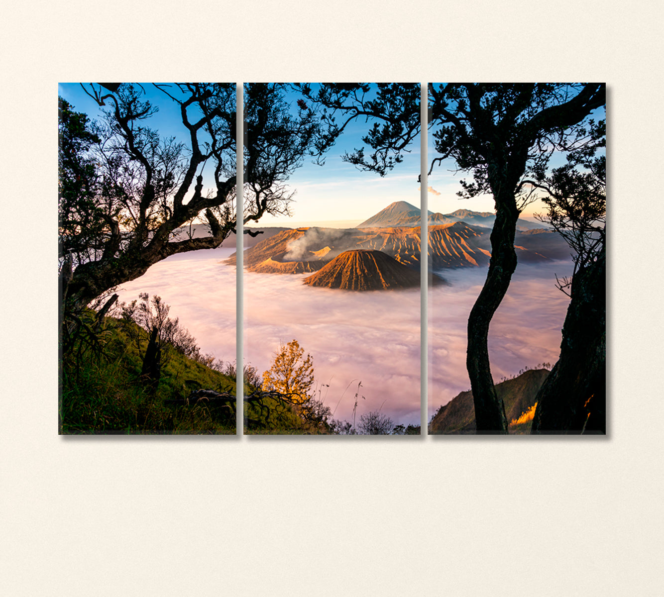 Bromo Volcano Surrounded by Morning Fog Indonesia Canvas Print-Canvas Print-CetArt-3 Panels-36x24 inches-CetArt