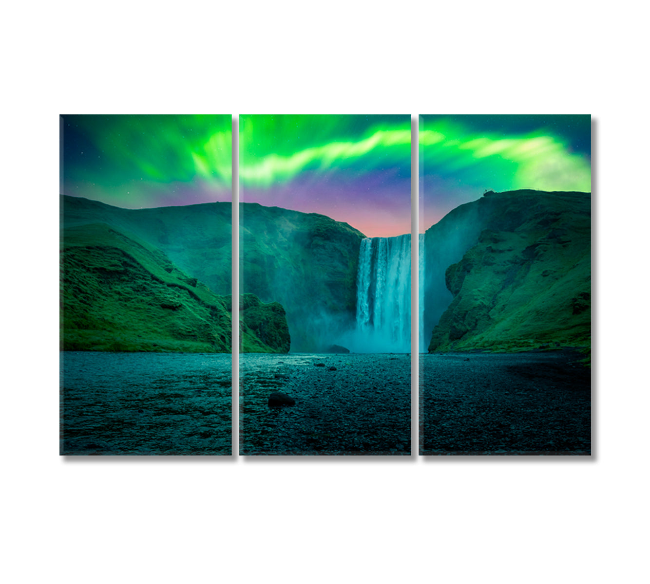 Skogafoss Waterfall with Green Aurora Light Skoga River Iceland Canvas Print-Canvas Print-CetArt-3 Panels-36x24 inches-CetArt