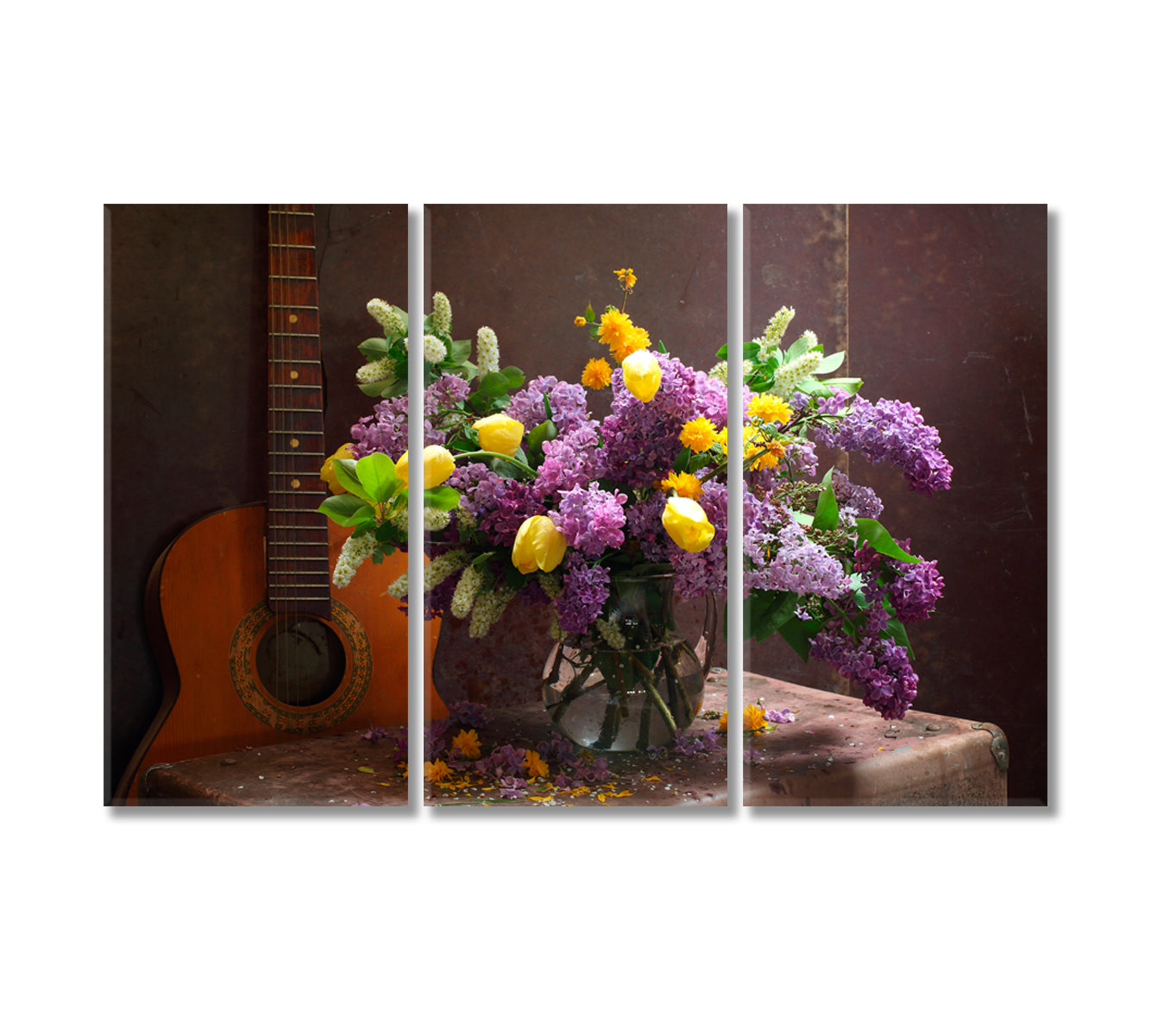 Still Life with Guitar and Magnificent Lilac Flowers Canvas Print-Canvas Print-CetArt-3 Panels-36x24 inches-CetArt