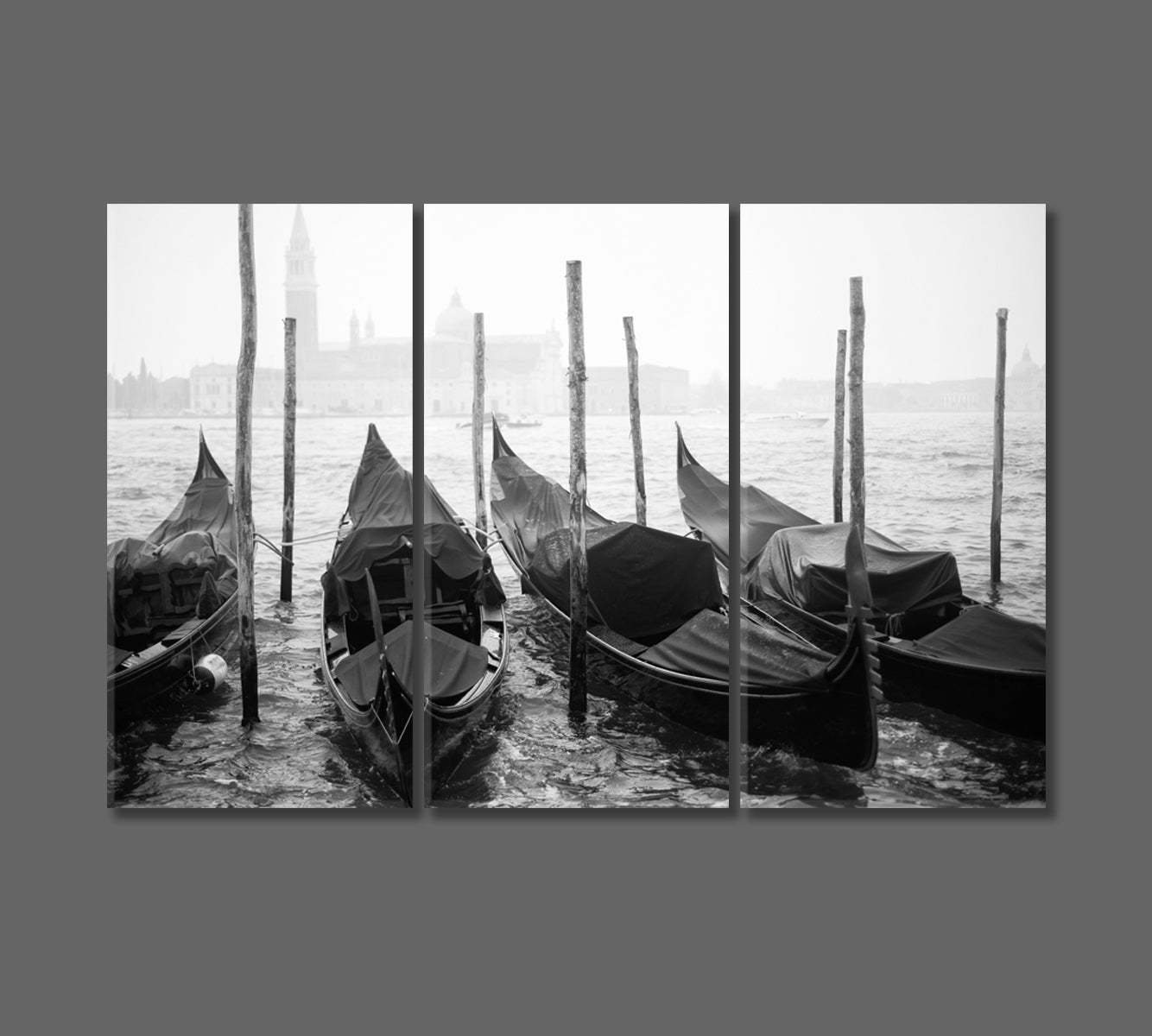 Gondolas on Grand Canal Venice Italy in Black and White Canvas Print-Canvas Print-CetArt-3 Panels-36x24 inches-CetArt