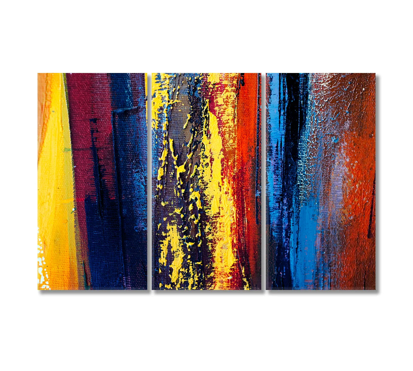 Triptych canvas of saturated brush textures on a white wall