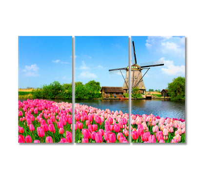 Landscape with Tulips and Windmill Canvas Print-Canvas Print-CetArt-3 Panels-36x24 inches-CetArt