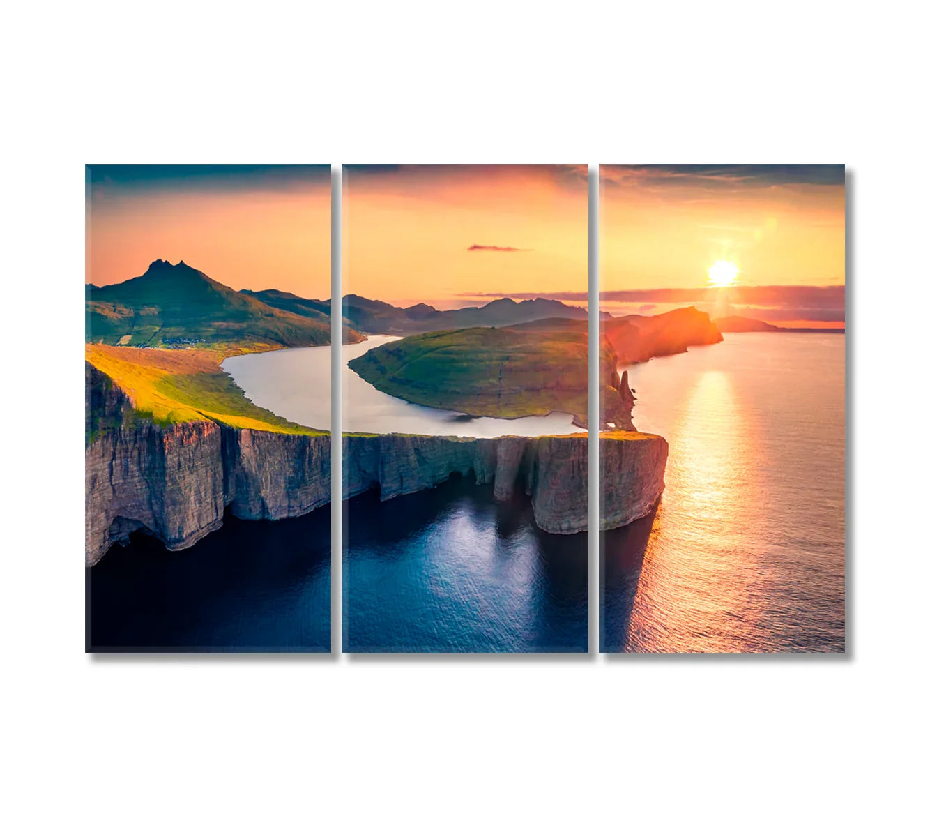 Triptych close-up of Sørvágsvatn coastline — sunset tones and cliff textures
