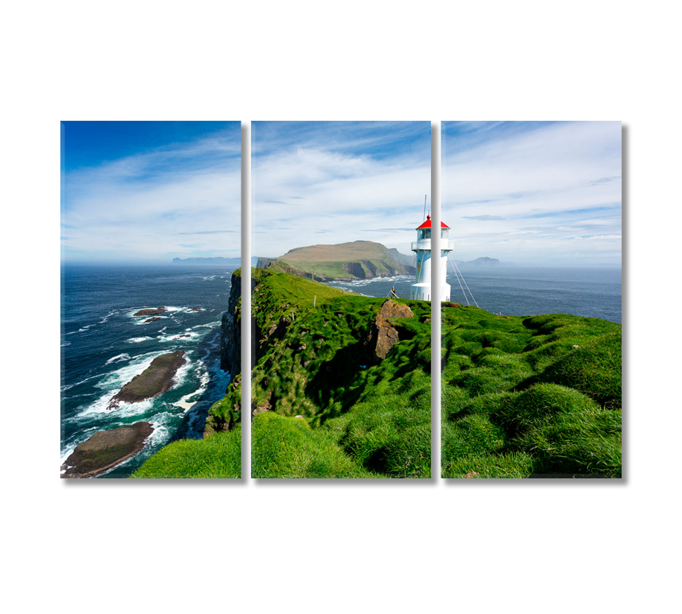 Beautiful Lighthouse on Mykines Island Faroe Islands North Atlantic Ocean Canvas Print-Canvas Print-CetArt-3 Panels-36x24 inches-CetArt