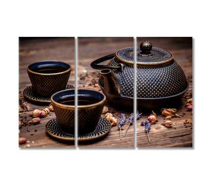 Black Cast Iron Teapot and Cup of Tea Canvas Print-Canvas Print-CetArt-3 Panels-36x24 inches-CetArt