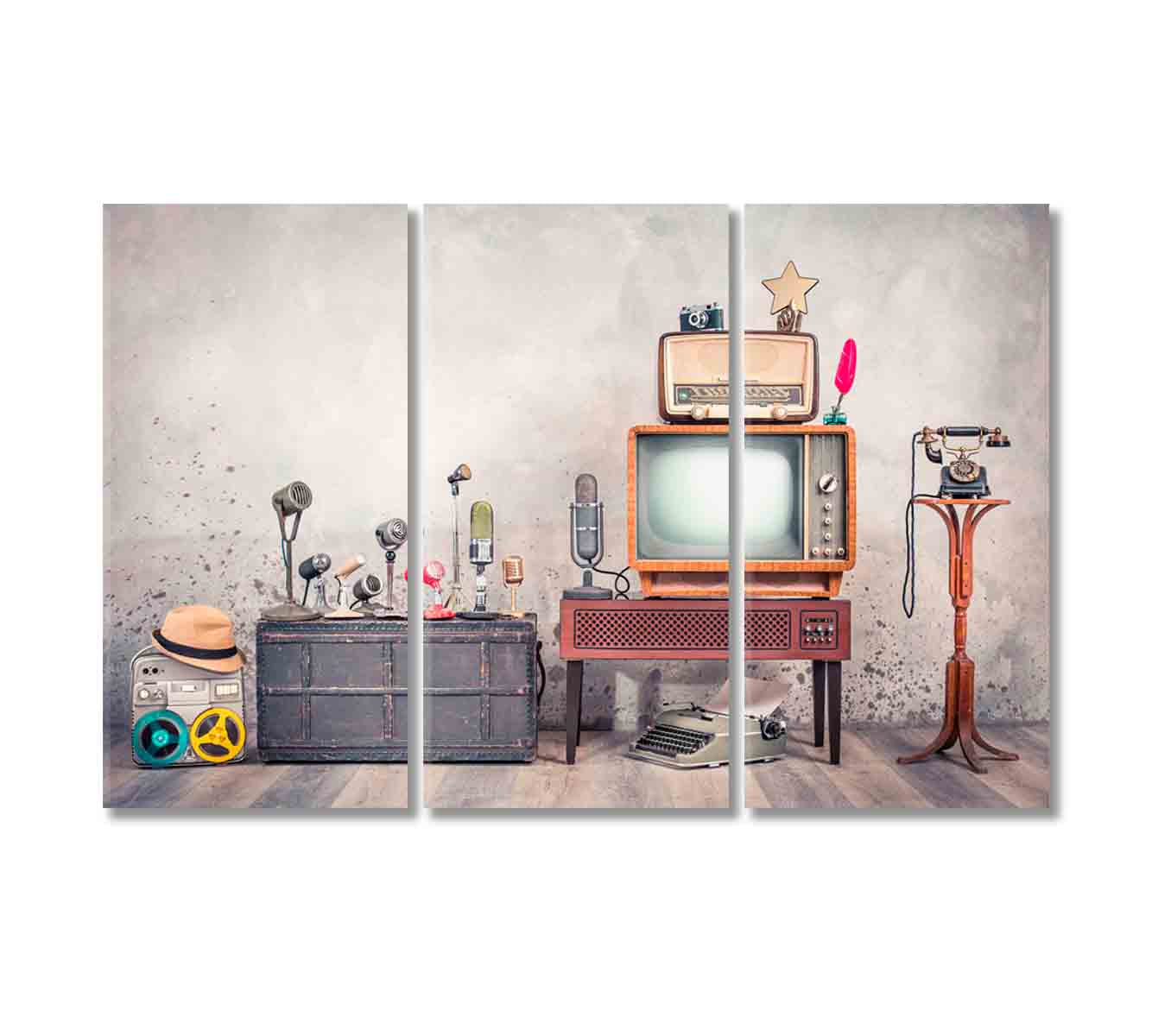 Retro TV and Old Microphones Vintage Style Canvas Print-Canvas Print-CetArt-3 Panels-36x24 inches-CetArt